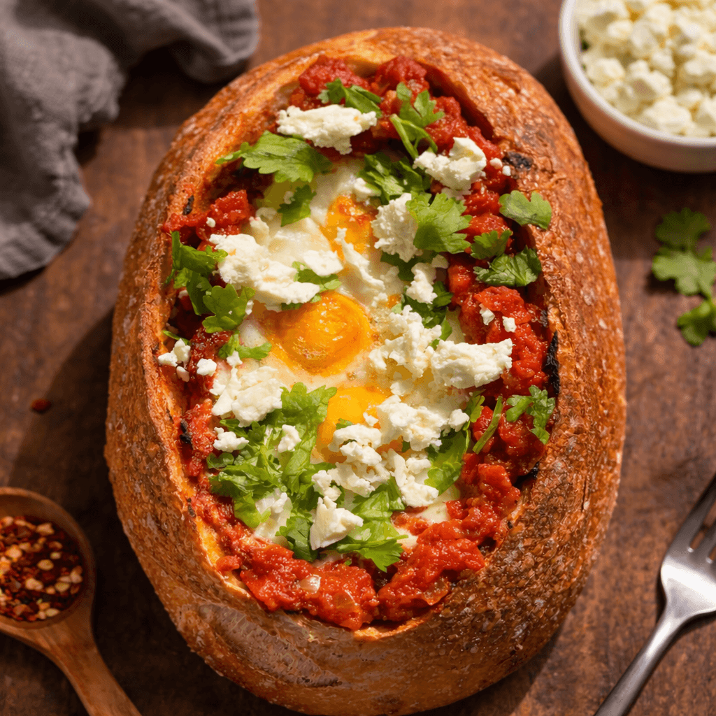 샥슈카 브레드 보트 | 빵 속 토마토 소스와 계란 브런