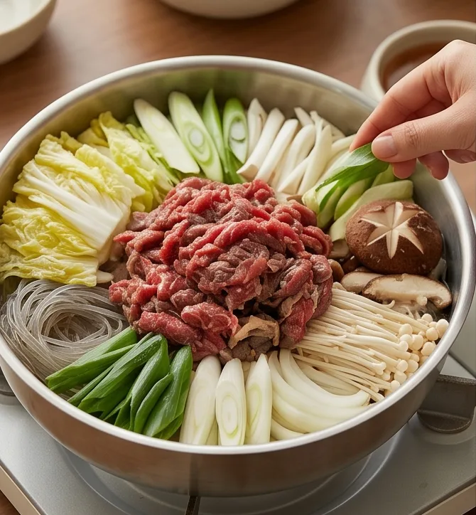 실패 없는 소불고기 전골 | 부모님 아이들 모두 만족하는 레시피 조리 단계 5 이미지 - 손질한 표고버섯 2개, 팽이버섯 1/2봉, 대파 1대는 냄비 가장자리에 