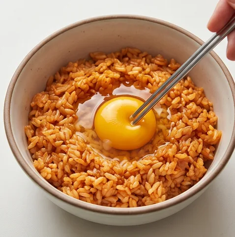 전자레인지 스팸김치 계란밥 | 5분 컷 '스팸김볶' 맛 내는 초간단 혼밥 레시피 조리 단계 4 이미지 - 양념된 밥을 평평하게 펴고 중앙에 홈을 살짝 만들어 달걀 1~2알을 깨트