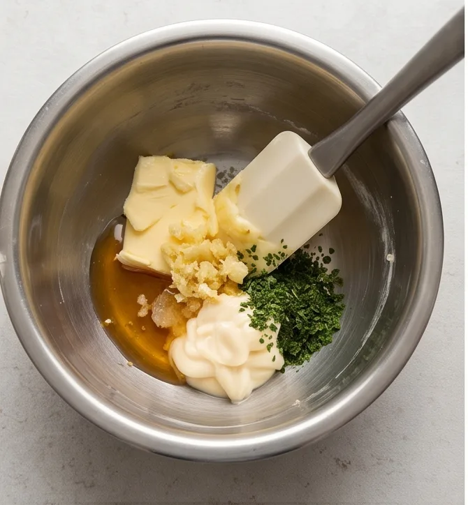 에어프라이어 5분 마늘빵 | 겉바속촉 초간단 식빵 마늘토스트 레시피 조리 단계 1 이미지 - 실온에 둔 무염 버터 2스푼(약 30g), 다진 마늘 1스푼, 꿀 또는