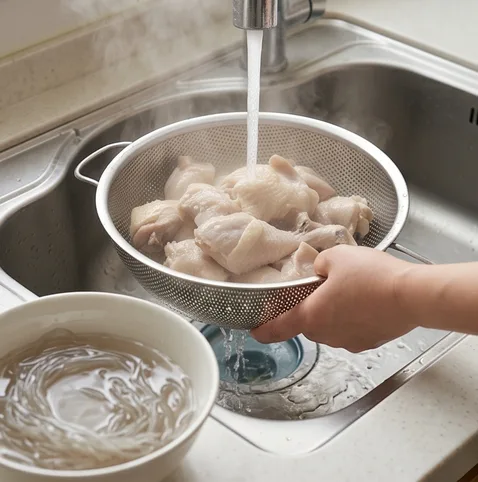 춘장 없이 만드는 꾸덕한 짜장찜닭 | 찜닭 배달하지 마세요 조리 단계 1 이미지 - 당면은 미지근한 물에 30분 이상 불리고, 닭은 끓는 물에 3~5분간 데