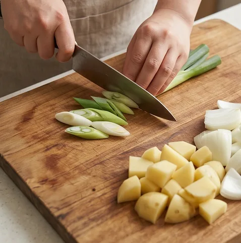춘장 없이 만드는 꾸덕한 짜장찜닭 | 찜닭 배달하지 마세요 조리 단계 2 이미지 - 감자와 양파는 큼직하게 한입 크기로 썰고, 대파는 어슷하게 썬다.