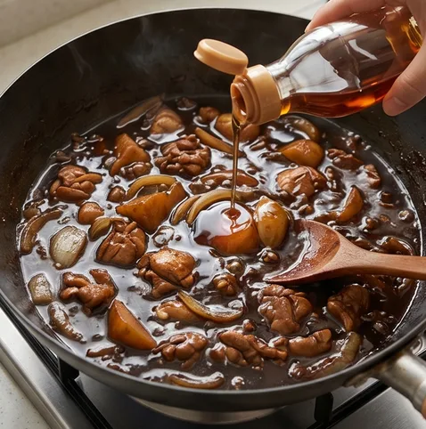 춘장 없이 만드는 꾸덕한 짜장찜닭 | 찜닭 배달하지 마세요 조리 단계 4 이미지 - 불을 중불로 줄이고 짜장 가루를 나누어 넣으며 뭉치지 않게 잘 저어주고,