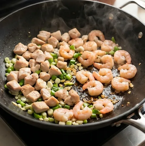 인도네시아식 나시고랭 | 현지 맛집 소스 레시피 포함 조리 단계 3 이미지 - 팬에 식용유를 두르고 다진 마늘, 대파, 양파를 넣어 향이 올라오게 볶은