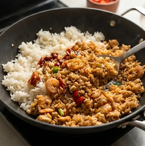 인도네시아식 나시고랭 | 현지 맛집 소스 레시피 포함 조리 단계 4 이미지 - 찬밥을 넣고 주걱으로 밥알을 가르듯 볶다가, 준비한 수제 소스를 팬 가장