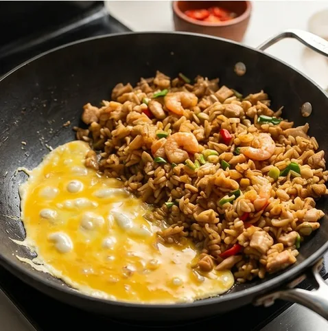 인도네시아식 나시고랭 | 현지 맛집 소스 레시피 포함 조리 단계 5 이미지 - 팬 한쪽에 밥을 밀어두고 풀어둔 달걀을 부어 스크램블을 만든 뒤 밥과 합
