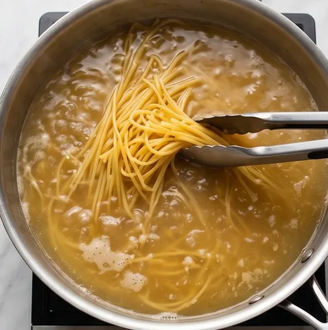 원팬 쉬림프 알리오 올리오 | 조리부터 유럽 분위기 반전 조리 단계 4 이미지 - 같은 팬에 물과 치킨스톡을 넣고 끓인 뒤, 파스타 면을 반으로 쪼개어 넣