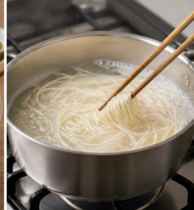 차가운 오이 비빔국수 | 얼음 없이 10분 만에 완성하는 시원한 여름 면요리 조리 단계 3 이미지 - 끓는 물에 소면 150g을 넣고 젓가락으로 저어가며 3~4분간 삶아줍니다