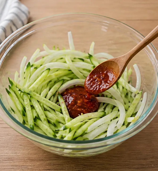 차가운 오이 비빔국수 | 얼음 없이 10분 만에 완성하는 시원한 여름 면요리 조리 단계 5 이미지 - 물기 뺀 오이와 양파를 큰 볼에 담고, 준비한 양념장 중 1큰술만 넣어