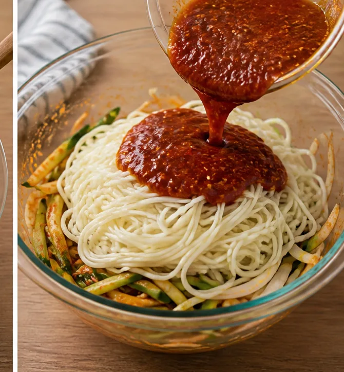 차가운 오이 비빔국수 | 얼음 없이 10분 만에 완성하는 시원한 여름 면요리 조리 단계 6 이미지 - 헹군 소면을 오이, 양파가 든 볼에 넣고 남은 양념장을 모두 부어 고루