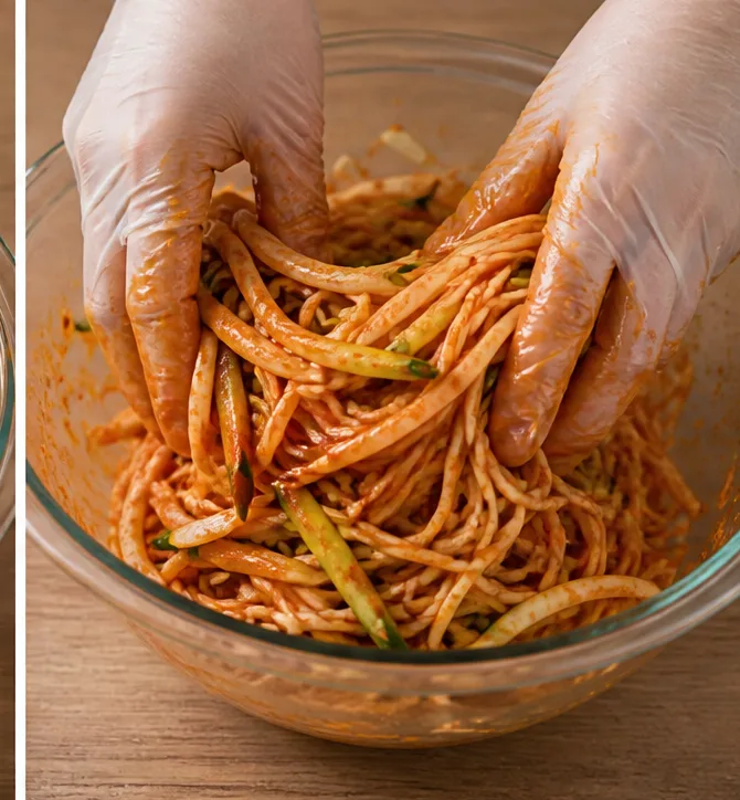 차가운 오이 비빔국수 | 얼음 없이 10분 만에 완성하는 시원한 여름 면요리 조리 단계 7 이미지 - 버무린 오이 비빔국수를 넓은 그릇에 담고, 남은 오이채와 통깨를 위에 살