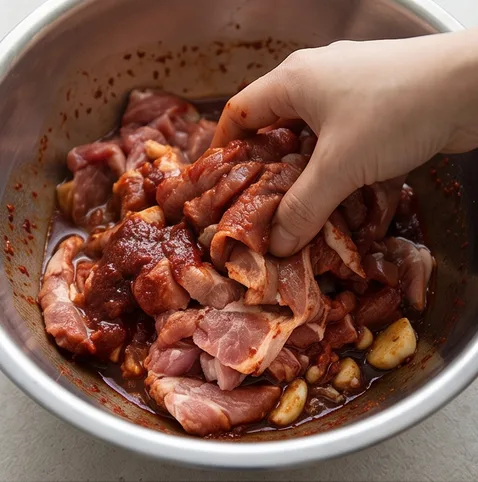 불맛 가득 인생 제육볶음 | 밥 두 공기 앞다리살 제육볶음 조리 단계 1 이미지 - 돼지고기 앞다리살은 키친타월로 핏물을 닦아내고 한 입 크기로 썬다. 볼에