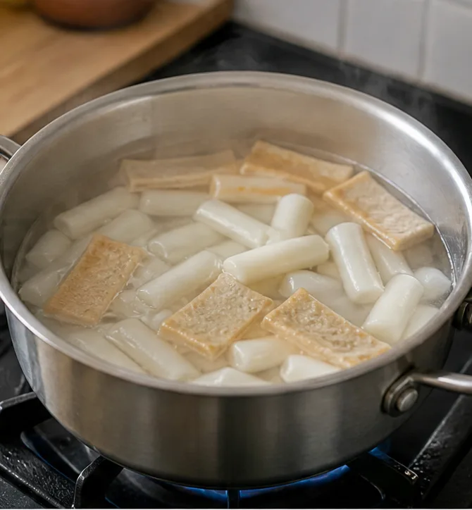 라볶이 | 분식집에서 제일 많이 먹는 레시피 조리 단계 3 이미지 - 냄비에 물 500ml를 붓고 불린 떡볶이 떡 200g과 썰어둔 어묵 2장