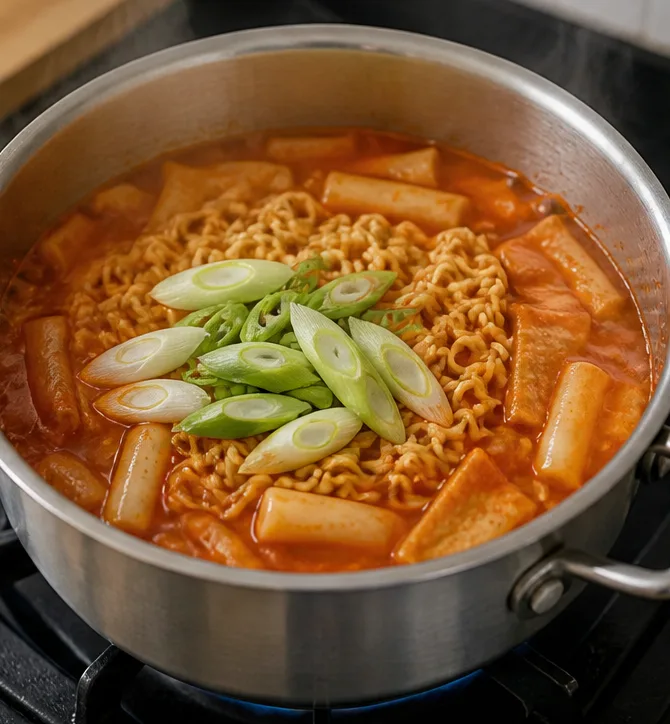 라볶이 | 분식집에서 제일 많이 먹는 레시피 조리 단계 6 이미지 - 라면이 풀리기 시작하면 썰어둔 대파 1/2대를 넣고 2~3분 더 끓여줍니