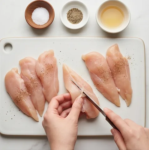 닭안심 까스 | 닭가슴보다 10배 부드러워 겉바속촉 조리 단계 1 이미지 - 닭안심의 가운데 하얀 힘줄을 칼이나 손으로 잡아당겨 제거하고, 소금, 후