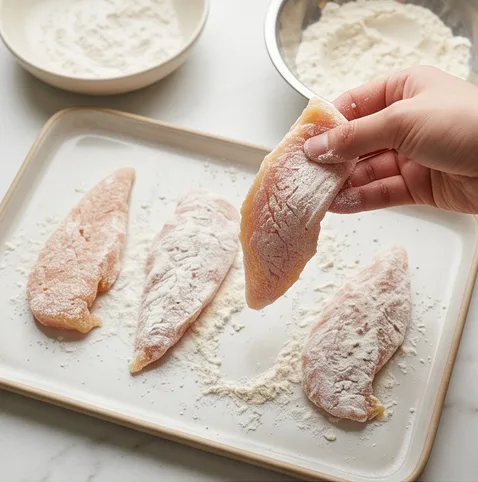 닭안심 까스 | 닭가슴보다 10배 부드러워 겉바속촉 조리 단계 2 이미지 - 밑간한 닭안심에 밀가루를 얇고 골고루 묻힌 뒤, 남은 가루를 가볍게 털어