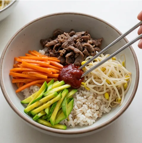 Sogogi Bibimbap (Korean Beef Mixed Rice Bowl) 조리 단계 5 이미지 - Spoon the warm rice into a bowl and neat