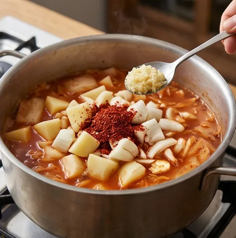 할머니 김치수제비 | 쫄깃한 손반죽으로 대충 던져 넣어야 더 깊어지는 할미 수제비 조리 단계 3 이미지 - 육수가 끓으면 감자 1개를 얇게 썰어 넣고, 양파 1/2개, 다진 마늘 