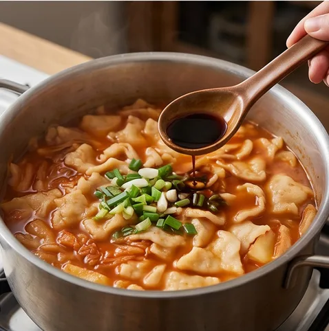 할머니 김치수제비 | 쫄깃한 손반죽으로 대충 던져 넣어야 더 깊어지는 할미 수제비 조리 단계 5 이미지 - 수제비가 떠오르면 대파 1/2대를 송송 썰어 넣고, 국간장 1큰술로 간을