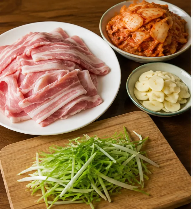 삼겹살 구이 | 집에서 소금으로만 간해서 먹는 삽겹살 조리 단계 1 이미지 - 삼겹살 400~500g을 꺼내고, 마늘 6쪽은 얇게 슬라이스해요. 김치는