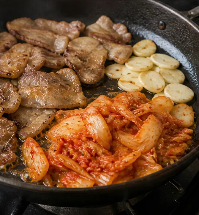 삼겹살 구이 | 집에서 소금으로만 간해서 먹는 삽겹살 조리 단계 6 이미지 - 삼겹살에서 나온 기름에 마늘 슬라이스 6쪽과 김치 1컵을 팬 한쪽에 올려