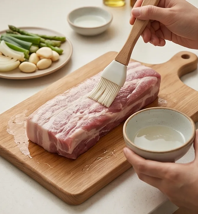 육즙 가득 에어프라이어 통삼겹 | 겉바속촉 마늘 허브 시즈닝 비법 조리 단계 2 이미지 - 소주 2스푼, 식초 0.5스푼, 설탕 0.5스푼을 잘 섞어 통삼겹살 전체