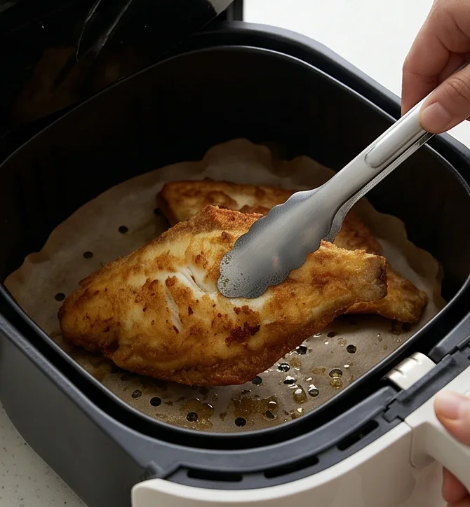 에어프라이어 가자미 구이 | 비린내 없이 겉바속촉한 저칼로리 생선 요리 조리 단계 7 이미지 - 가자미를 조심스럽게 뒤집은 뒤, 190°C에서 5~8분간 더 구워 겉면이