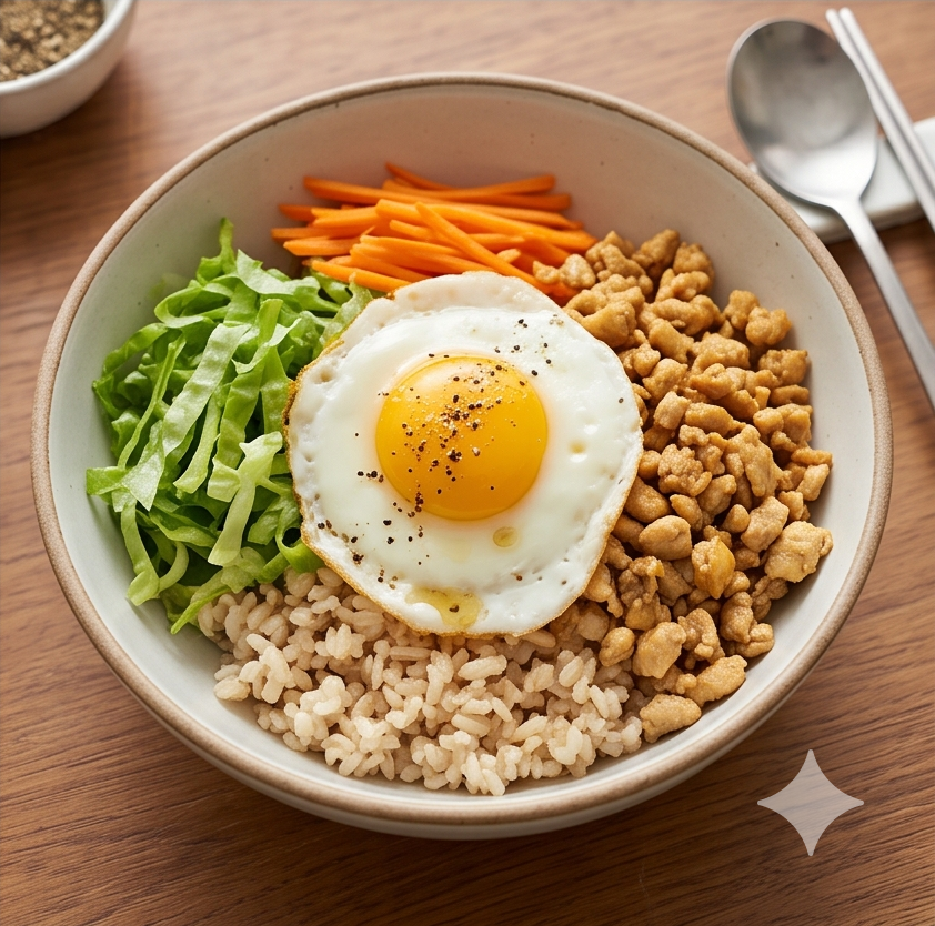 맛있어서 매일 먹는 닭가슴살 소보로 비빔밥 | 고단백 저탄수화물 조리 단계 5 이미지 - 비빔밥 가운데에 달걀 프라이를 올리고 참기름을 한 바퀴 둘러 마무리한다.