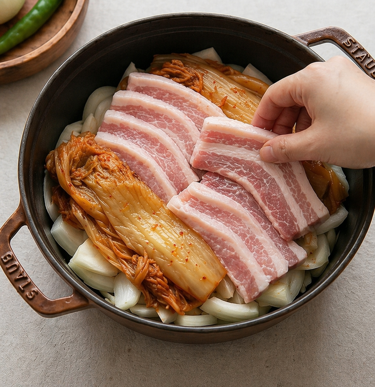항정김치찜 | 고기 반 김치 반 입안에서 살살 녹는 김치찜 레시피 조리 단계 2 이미지 - 냄비 바닥에 양파를 먼저 깔고, 그 위에 묵은지를 펼친 후 항정살을 김치