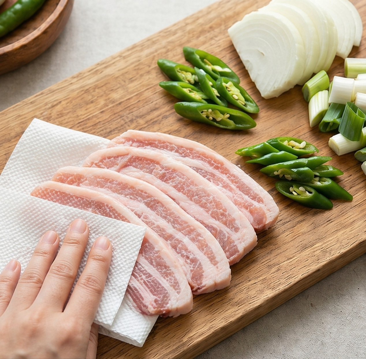 항정김치찜 | 고기 반 김치 반 입안에서 살살 녹는 김치찜 레시피 조리 단계 1 이미지 - 항정살은 키친타월로 핏물을 닦고, 소금·후추·맛술을 뿌려 10분간 재워둔